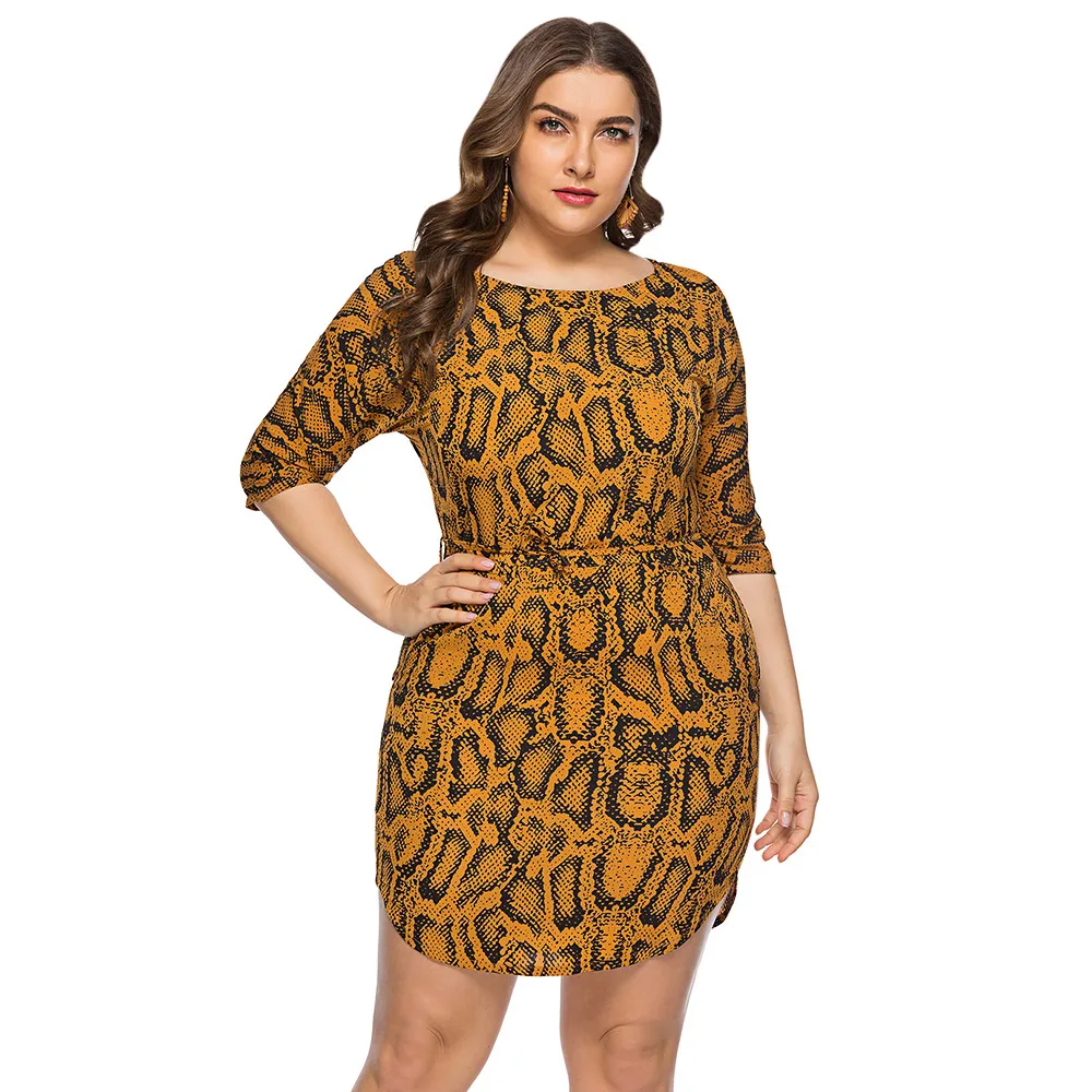 Kenancy Women Plus Size Dress Snake Print Sexy Bodycon Mini Dresses Summer O-Neck 3/4 Length Sleeves Pocket Irregular | Женская одежда