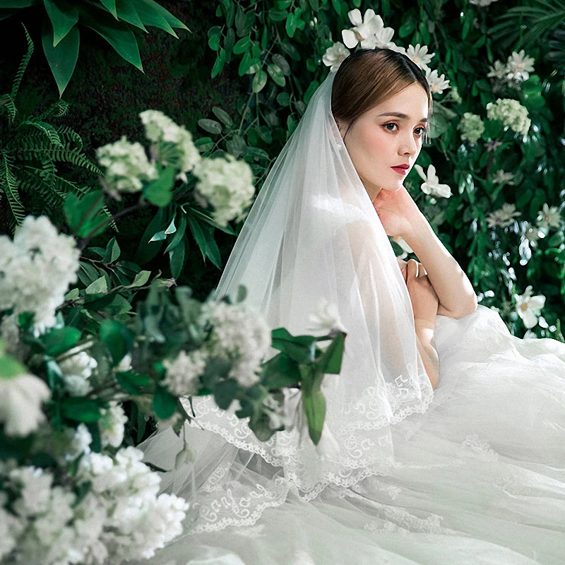 Princess Lace Edge Bridal Veil Two Layer Wedding Veils with Comb Fingertip Length Blusher Vail Women Fashion Korean Headdress | Свадьбы и