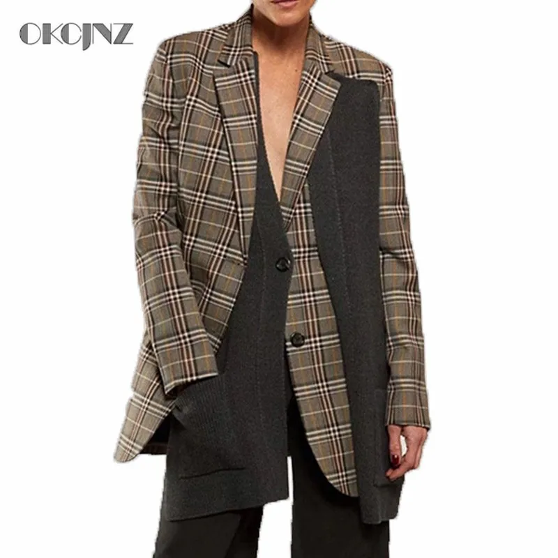 Single Breasted Plaid Jacket Ladies Blazer Female Long Sleeve Knitted Patchwork Coat OL Women Clothes 2019 Spring Outwear Okq110 | Женская