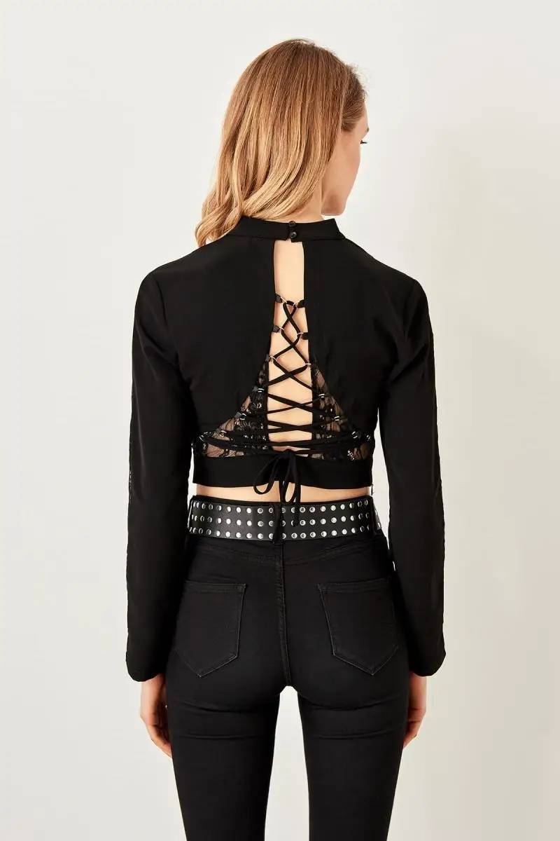 Trendyol Черная задняя часть птичий глаз и кружевная деталь Bluz TWOSS19EH0161| |