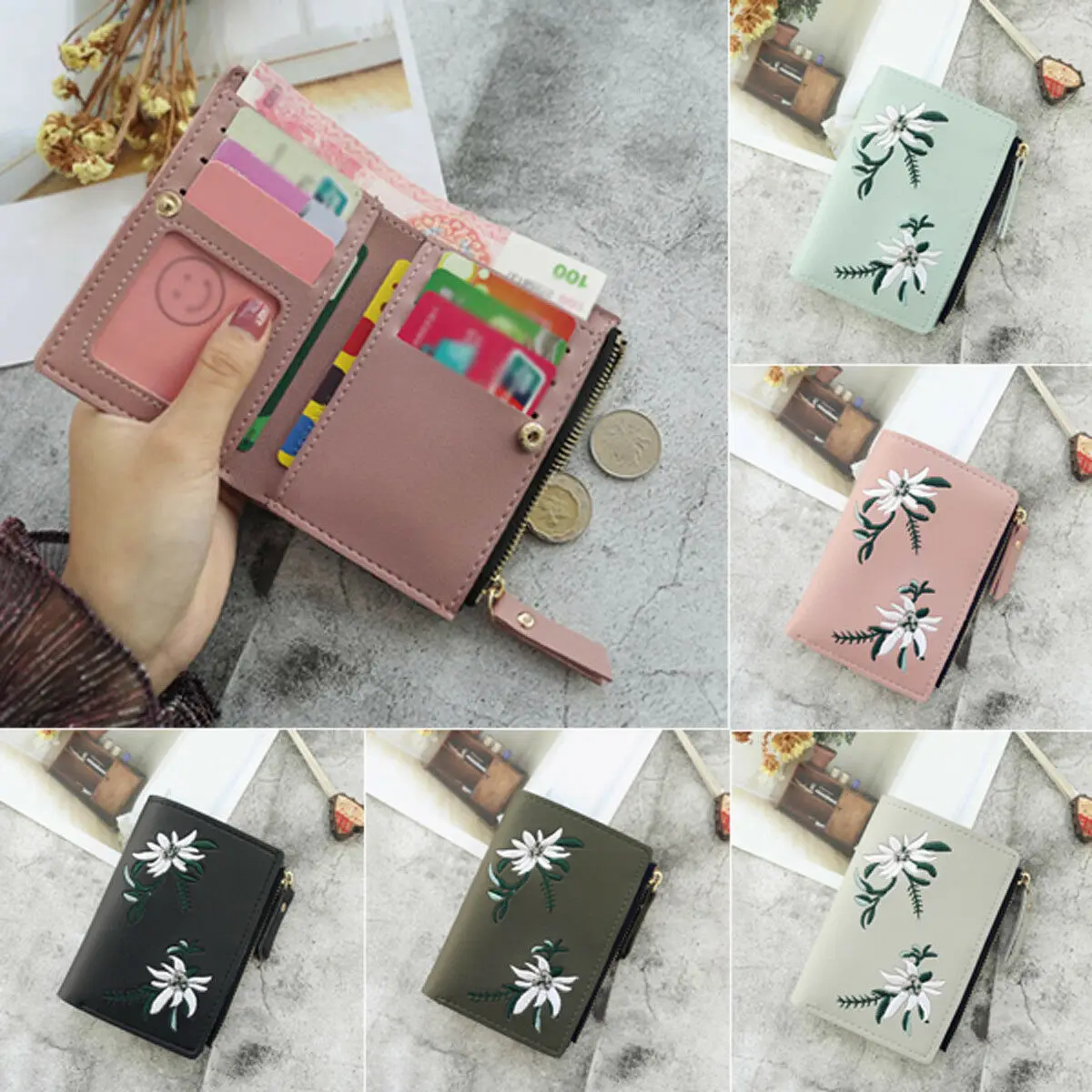 

Women Wallet PU Leather Print Flower Cash Pocket Photo Clutch Short Purse 2019