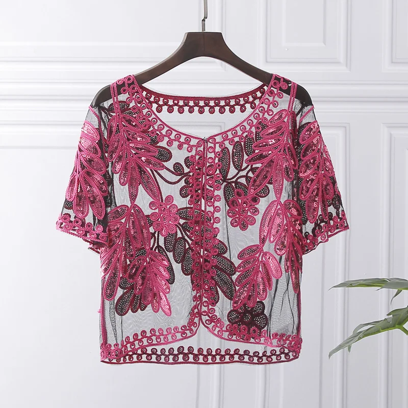 

Crochet Lace Blouse Women Summer Cardigan Thin 2019 Korean Fashion Short Cardigan Cropped Flower Sequins Kimono Cardigan