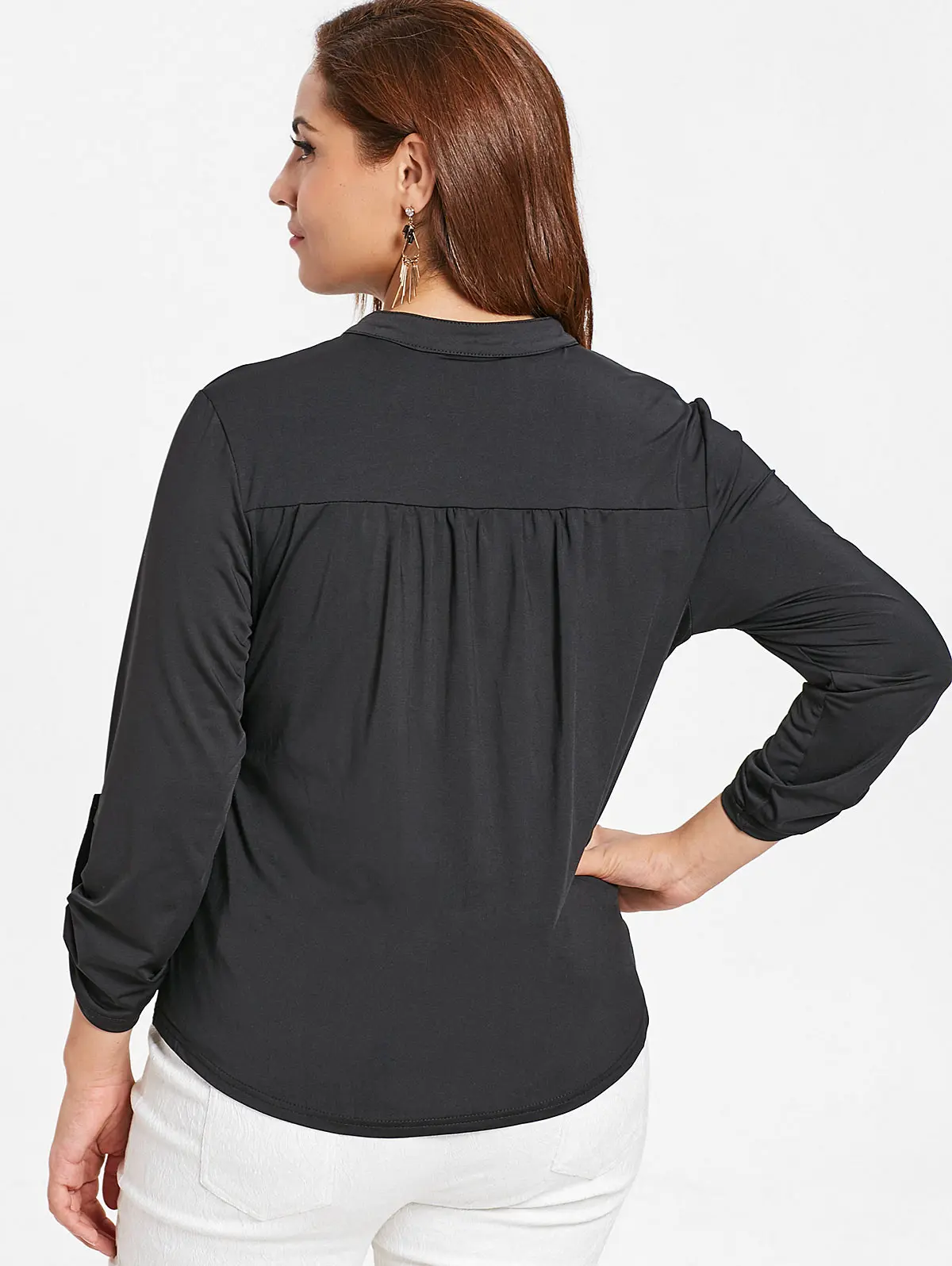 2018 плюс Размеры передние карманы Half Zip футболка Для женщин осень-зима v-образным
