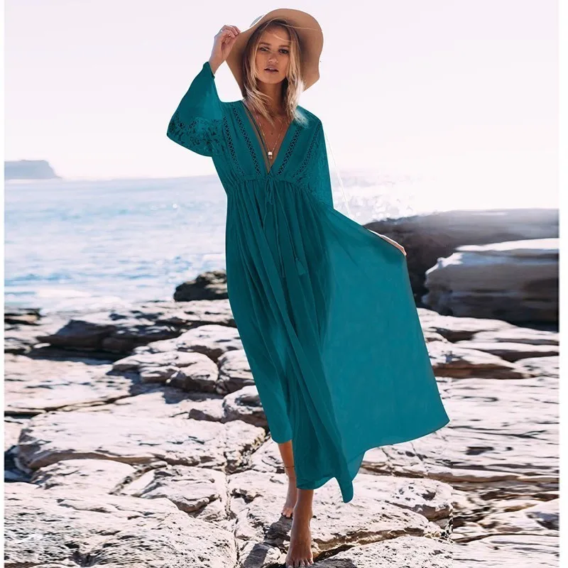 Sexy Hollow Lace Up Beach Dress Women Solid Bikini Cover V Bandage Beachwear Summer Long Sleeve Swimsuit Tunic Robe Sarong |
