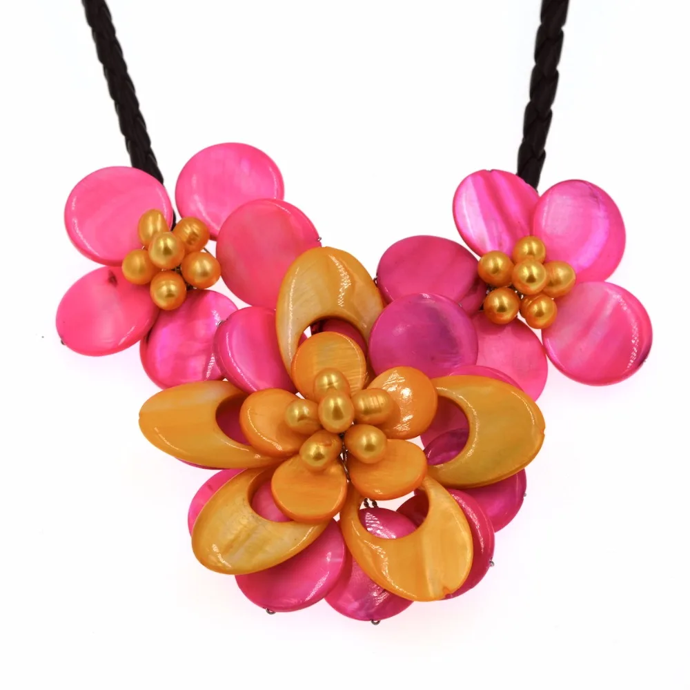 Ручной Работы ярко розовый и жемчуг с желтой раковиной цветок ожерелье