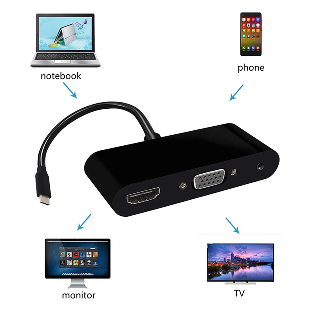 Портативный адаптер преобразователь USB 3 5 типа C в HD VGA 0 мм аудио 1|Кабели VGA| |
