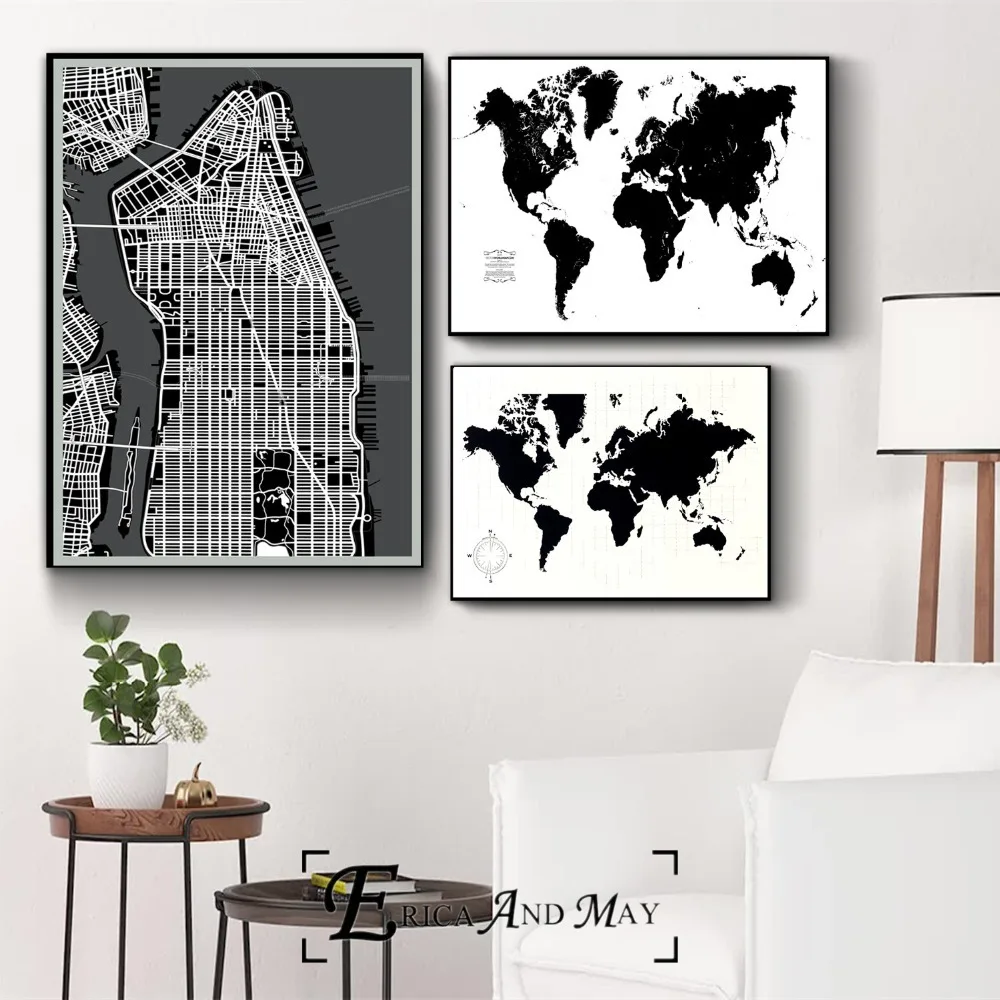 

World Map Black and White Artwork Poster And Print Canvas Art Painting Wall Pictures For Living Room Decoration Home Decor