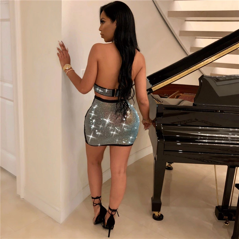 Блестящий Женский комплект из 2 предметов с юбкой пикантный ночной клуб одежды