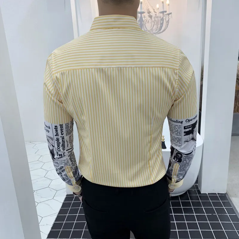 Корейский Роскошные полосы печати приталенная Мужская рубашка Camisa Masculina