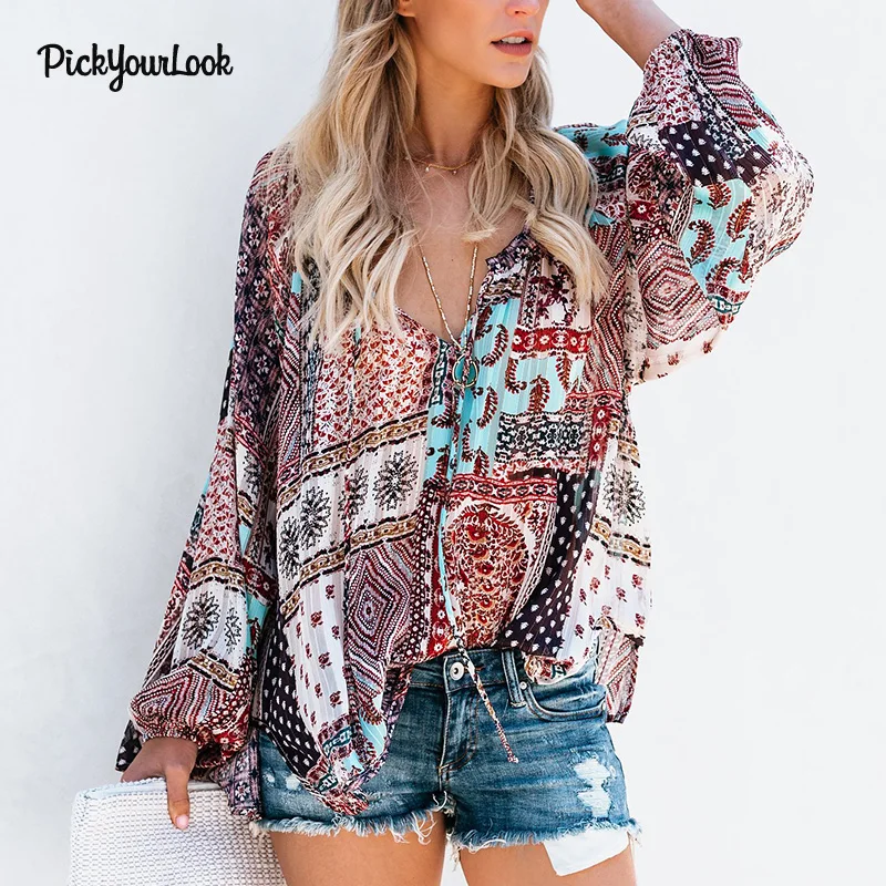 Pickyourlook Женские топы и блузки с длинным рукавом богемные пляжные свободные
