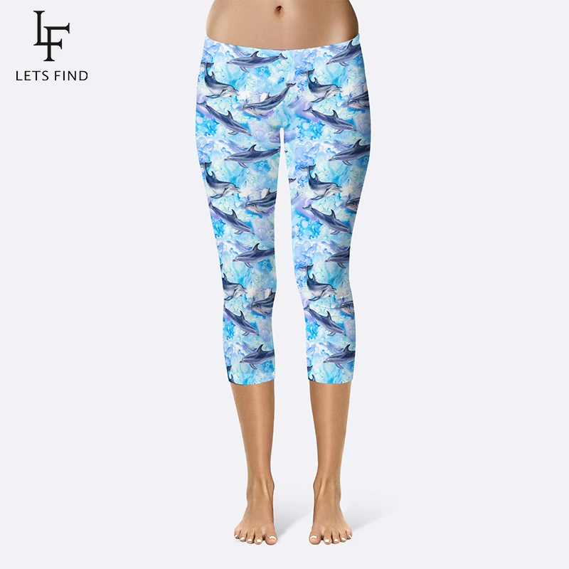 Summer New Arrival Cartoon Dolphins Print Women Leggings Mid-Calf High Quality Milk Silk Plus Size Fitness Capri Pants | Женская одежда