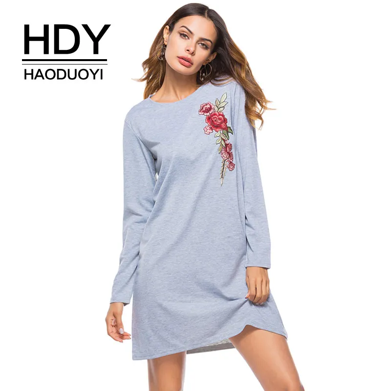 HDY Haoduoyi синие платья с вышивкой розы Женское платье длинным рукавом цветочным