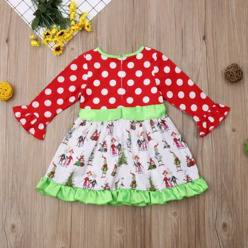New Christmas Toddler Kids Baby Girl Long Sleeve Dot Xmas Cartoon Pattern Patchwork Flare Princess Party Dress Outfit | Детская одежда