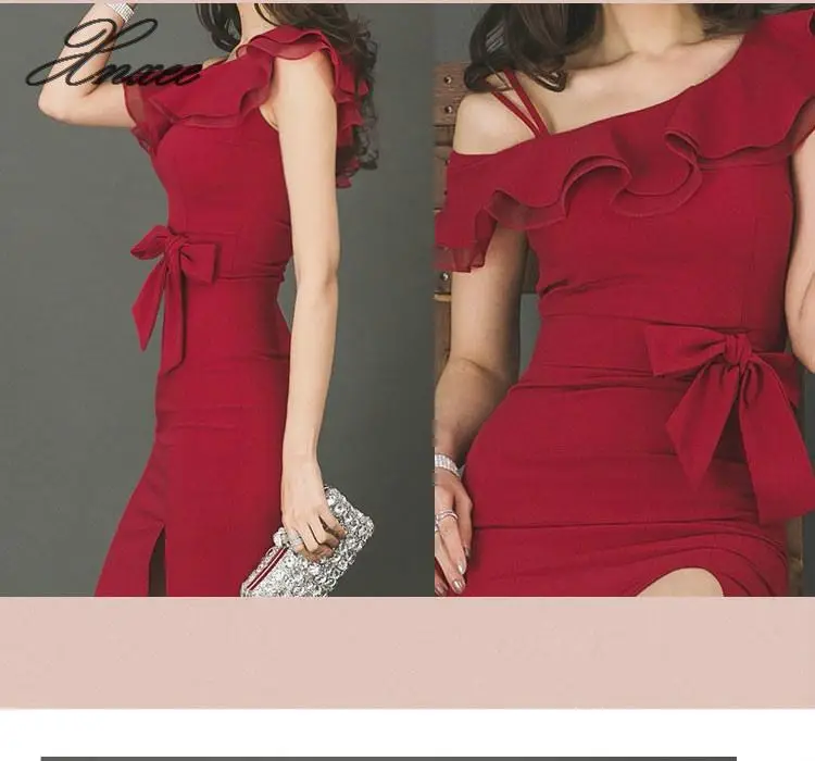 

2020 Summer Party Dress Women Elegant Red Ruffle Slim Pencil Dress Formal Work Dress