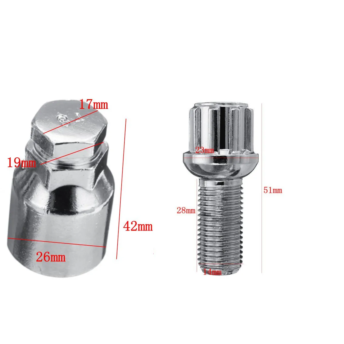 

5pcs/set Steel Wheel Lock Bolts M14 x 1.5mm Locking Radius Security Lug Nuts Set for Audi for VW