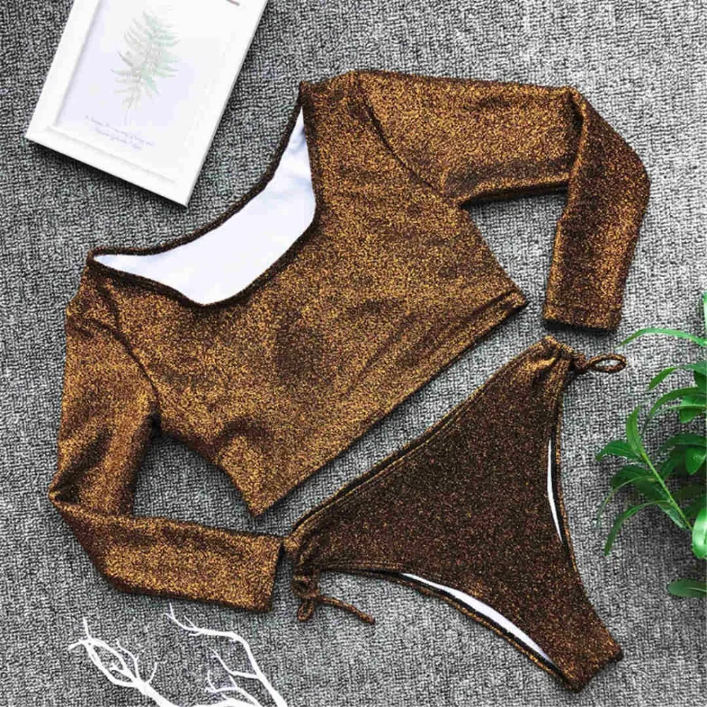 MUXILOVE 2019 Sparkling Shiny Bikini Women Swimwear Female Swimsuit Two-pieces set Long Sleeve Bather Bathing Suit Swim W | Спорт и