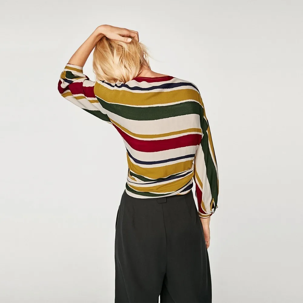 HDY Haoduoyi Color Striped V Collar Kimono Blouse Simple V-neck Sexy Trend Wrap Cross Strap Fashion Tops | Женская одежда