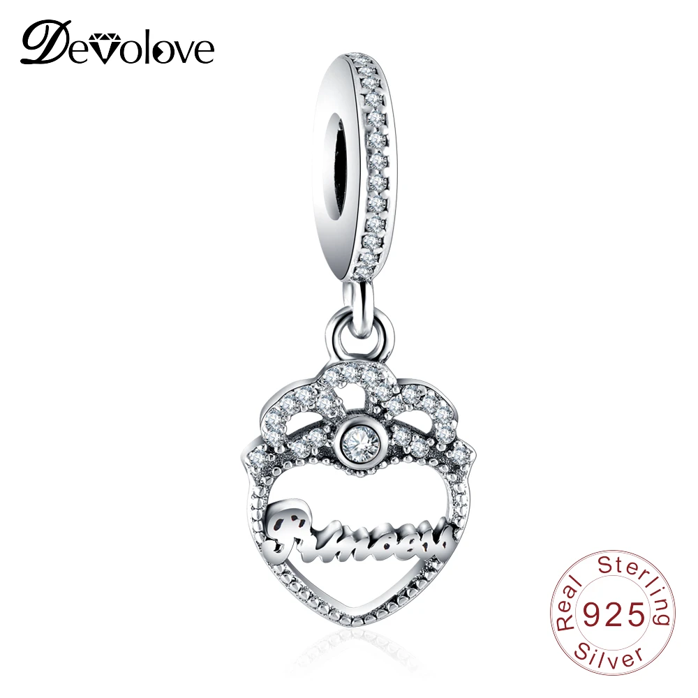 Devolove 925 серебро принцесса сердце кулон с Шарм прозрачными фианитами Бусины fit Pandora