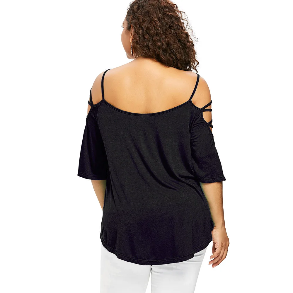 Wipalo Plus Size Cutwork Cold Shoulder Strappy T-Shirt Women Top Summer Casual T Shirt Spaghetti Strap 3/4 Sleeve Ladies Tops | Женская