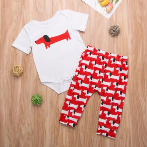 2019 Brand 2PCS Newborn Kids Baby Boy Girl Clothes Outfit Cute Dog Print Bodysuit+Pants Babygrows Set New Summer Cotton 0-24M | Детская
