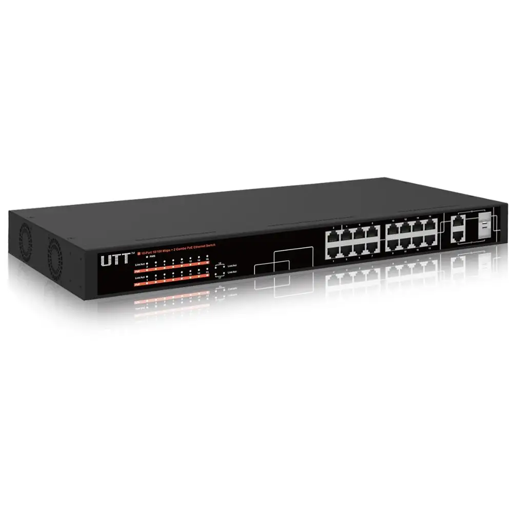 

UTT S1162P 16-портов неуправляемый Fast ethernet PoE коммутатор, 16 Портов PoE 260 Вт, 802.3af/at, плюс 2 GE Комбинированных Портов