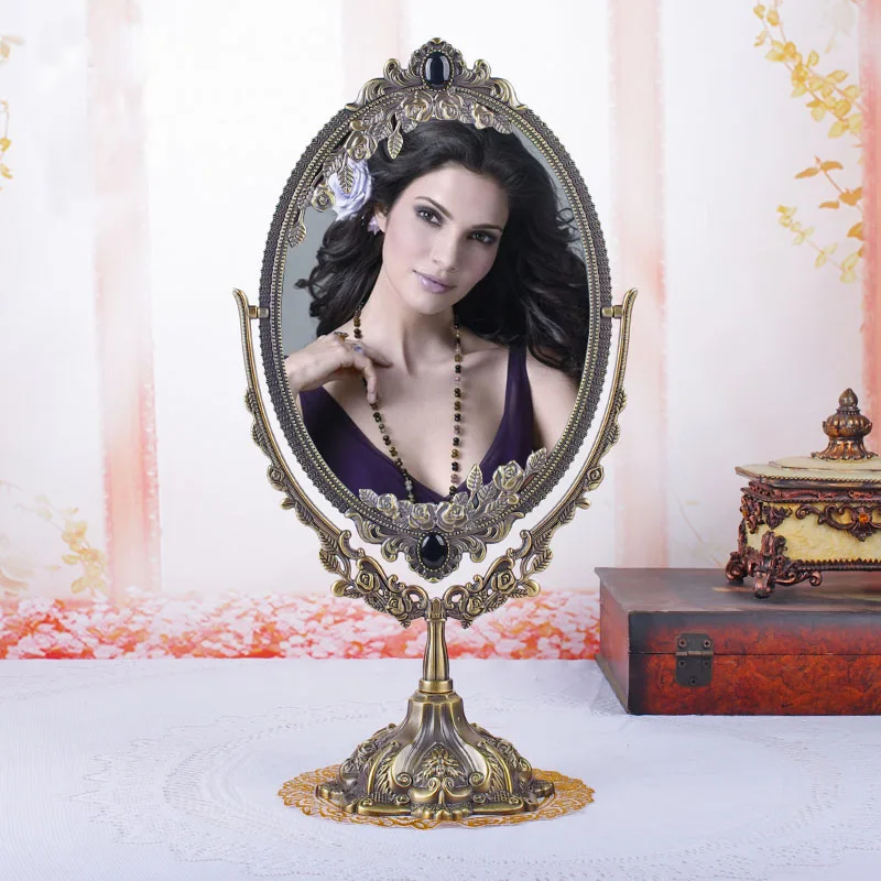 

vintage double face retro alloy metal table makeup dresser desktop decorative mirror embossed frame makeup tool desk set 330A