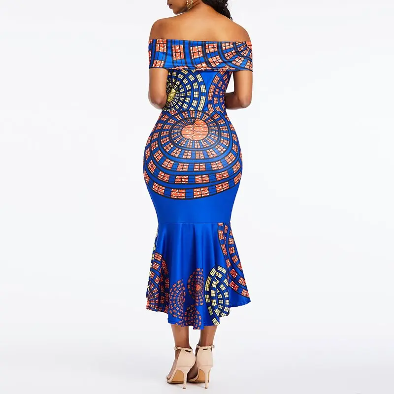 Women Sexy Maxi Dress Elegant Blue Mermaid Bodycon Off Shoulder Ruffles Party Evening Print 2019 Summer Long Dresses | Женская одежда