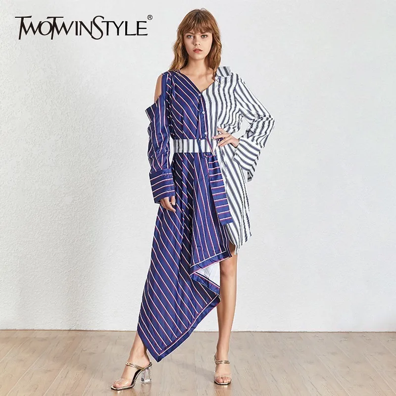 TWOTWINSTYLE Лето 2019 г. Сексуальная рубашка в полоску платье для женщин V средства ухода