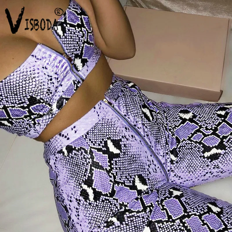 Women Sexy Crop Top And Pants 2 Pieces Set 2019 Fashion Female Purple Snake Skin Printed Bralette Zipper Vest Wide Leg | Женская одежда