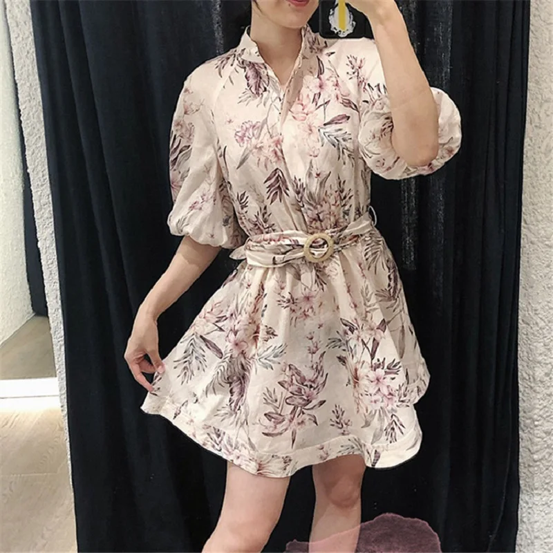 2019 Весенняя Новинка Boho Цветочный принт белый мини платье Женская одежда дизайнер