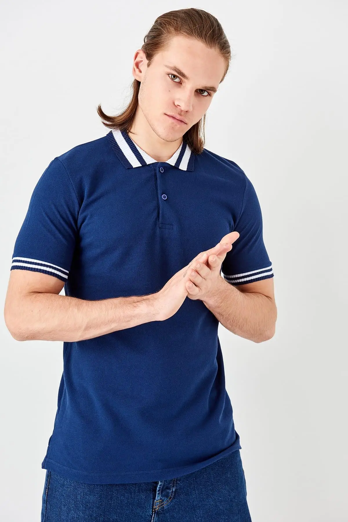 Trendyol Новый Saks мужской воротник Detaylı поло футболка TMNSS19QA0026 | Женская одежда