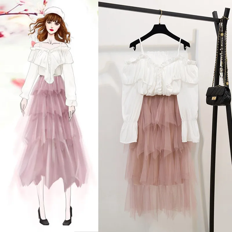 

spring sweet girl clothes new super sweet fairy outfit chiffon blouse long pleated skirt two-piece women top vestidos design