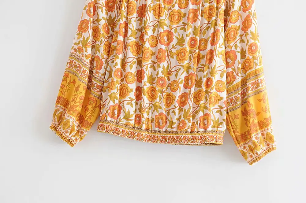 Женская блузка с цветочным принтом Boho оранжевая открытыми плечами | одежда