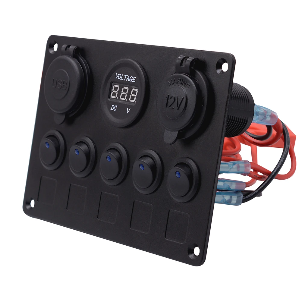 Rocker Switch Panel 5 Gang with Cigarette Lighter Light Indicator 2.1A Dual USB Ports Voltmeter Vehicle Automotive Control | Автомобили и