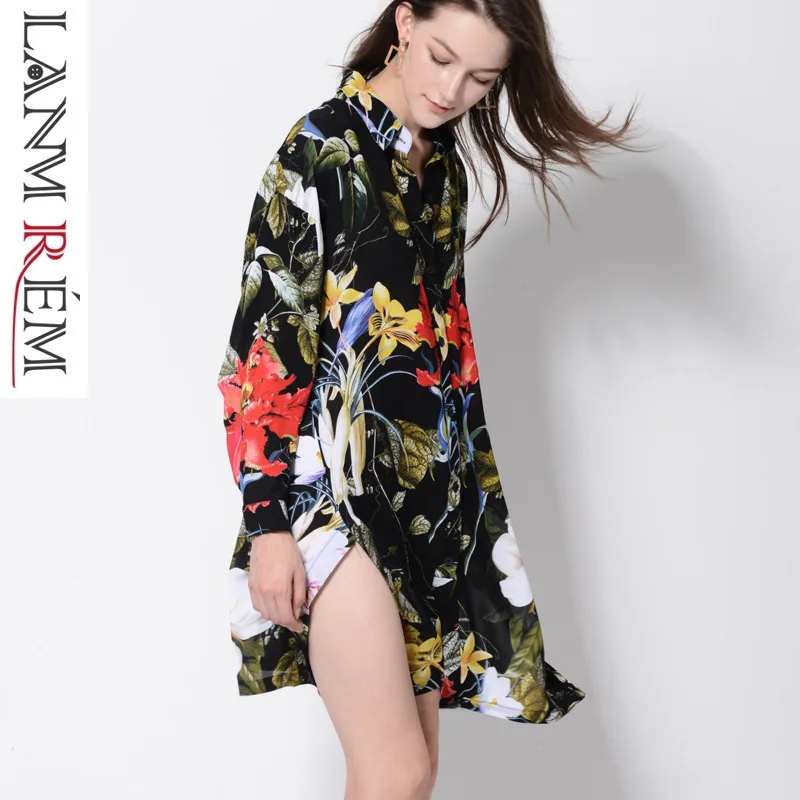 Женское платье рубашка LANMREM однобортное с длинным рукавом и отложным воротником