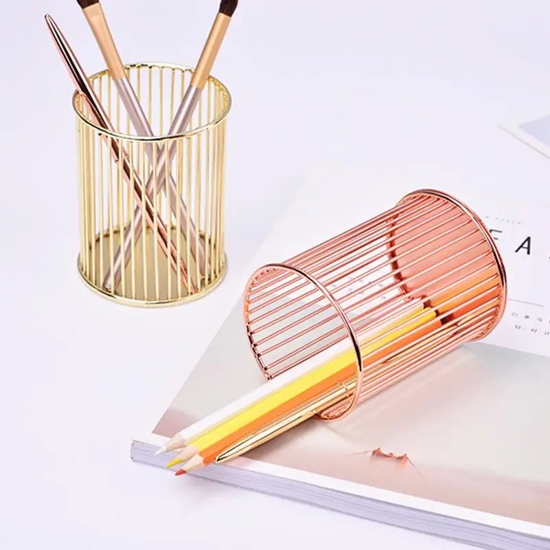 Container Iron Pen Holder Mutifunctional Storage Baskets Rose Gold Basket Desktop Durable Organizer For Office | Дом и сад