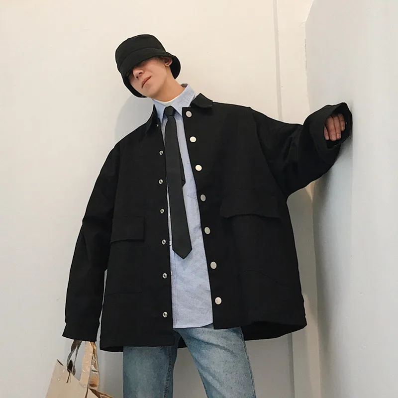 Мужская куртка с отворотом Повседневная Свободная черного/хаки цвета буквенным