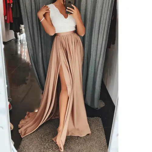 Women Lady Hight Split Maxi Dress Pleated Beach Long Casual Party Lace Splicing Sleeveless V Neck Sundress | Женская одежда