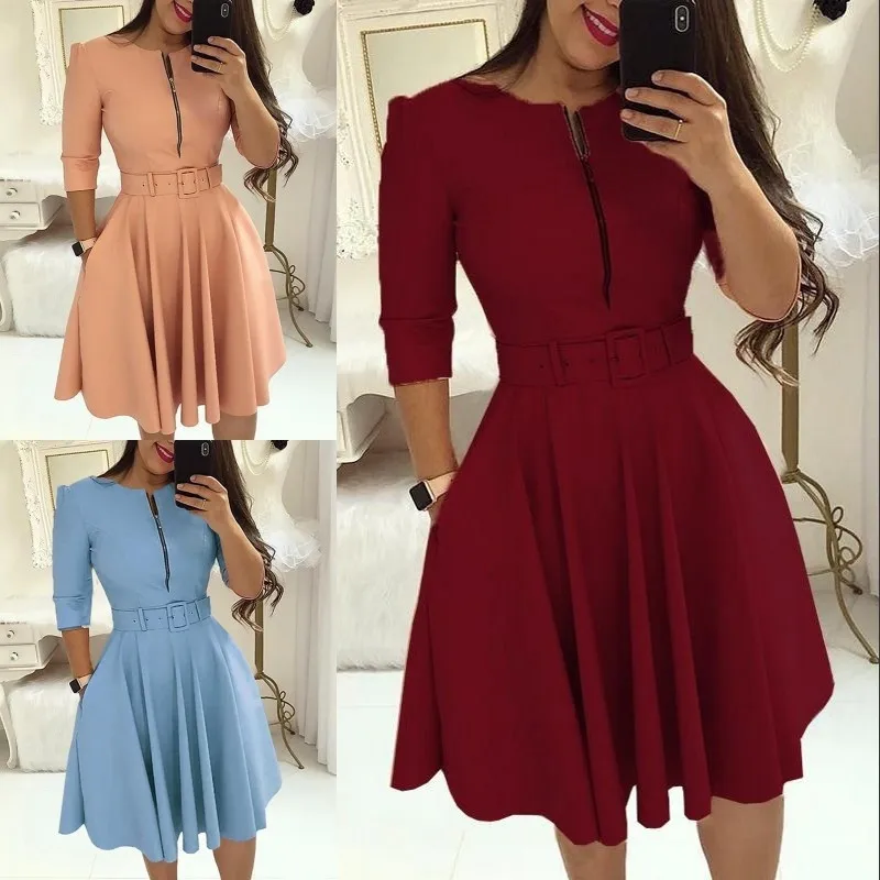 Jrnnorv Fashion Women Solid Color Half Sleeve Ruffle Party Dress Summer Elegant Casual Zipper Dresses With Belt | Женская одежда
