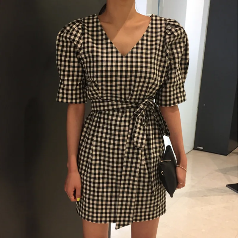 GALCAUR повседневное клетчатое платье для женщин v образный вырез половина рукава