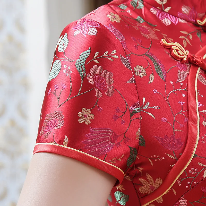 Красные мини шелковые платья Qipao Китайский короткий Улучшенный чёнсам цветок