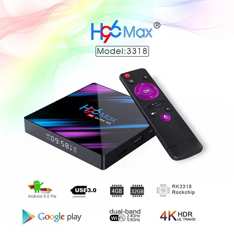Приставка Смарт-ТВ H96 MAX Android 2 + 16 ГБ/4 32 ГБ Rockchip RK3318 4K USB3.0 H.265 Google Play IP | Электроника