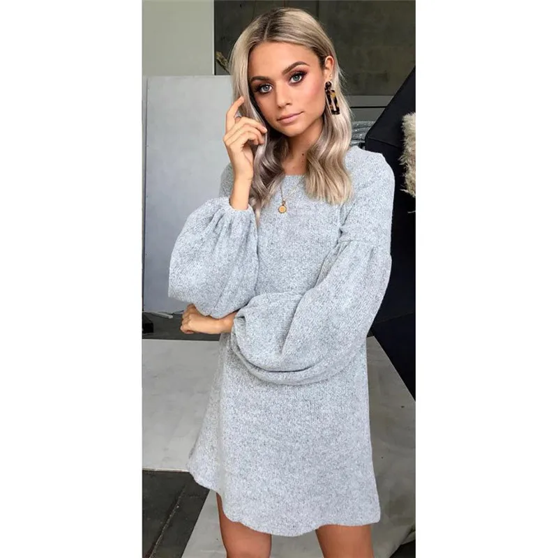 Fashion women autumn casual O neck long lantern sleeve solid dress ladies evening party short mini | Женская одежда
