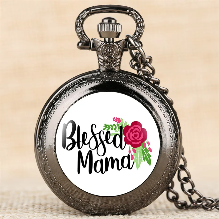 

Vintage Black Blessed Mama Fob Quartz Pocket Watch Exquisite Necklace Chain Numerals Display Retro Fashion Clock Gifts for Mom