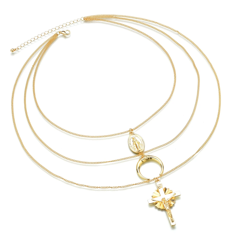 Gold Color Cross Rose Pendants Neckalces For Women Girls Multi Layer Flower Choker Necklace Long Beaded Chain Moon Chokers | Украшения и