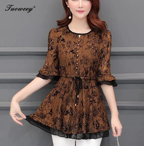 

2019 summer Fall New Lace O-Neck Flowers Embroidery Women Long Sleeve shirts Plus Size Mother Clothes Fashion red blusas
