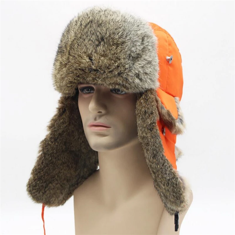 

IANLAN Unisex Winter Russian Style Ushanka Fabric Top Real Rabbit Fur Skiing Hats Men Women Adjustable Fur Bomber Hats IL00424