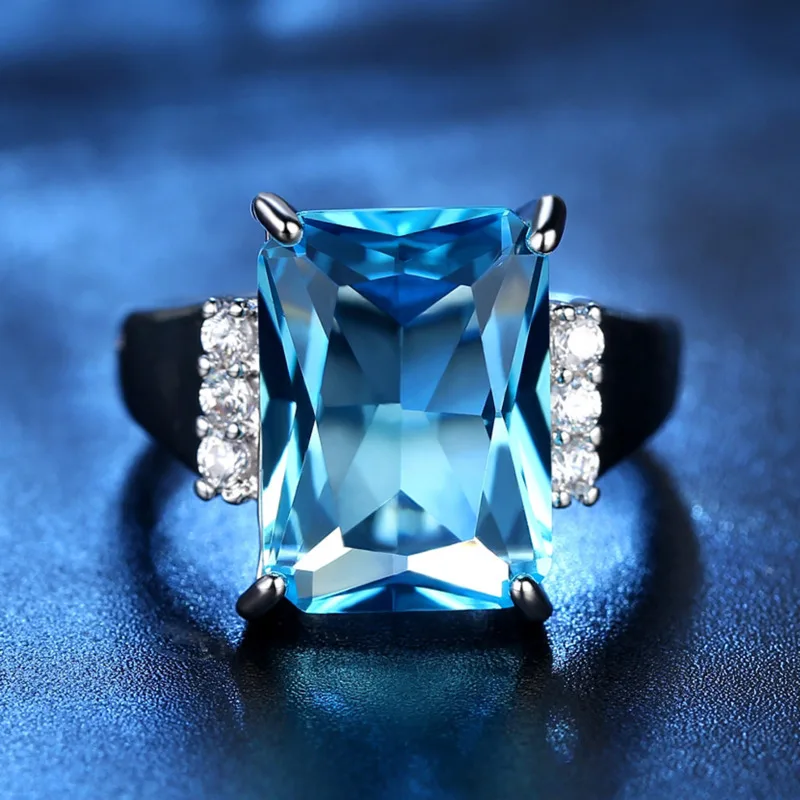 Fashion Desgin Woman Rings Big Square Blue CZ Cubic Zircon Stone Silver Birthday Party Wedding Gift Jewelry Yüzük | Украшения и
