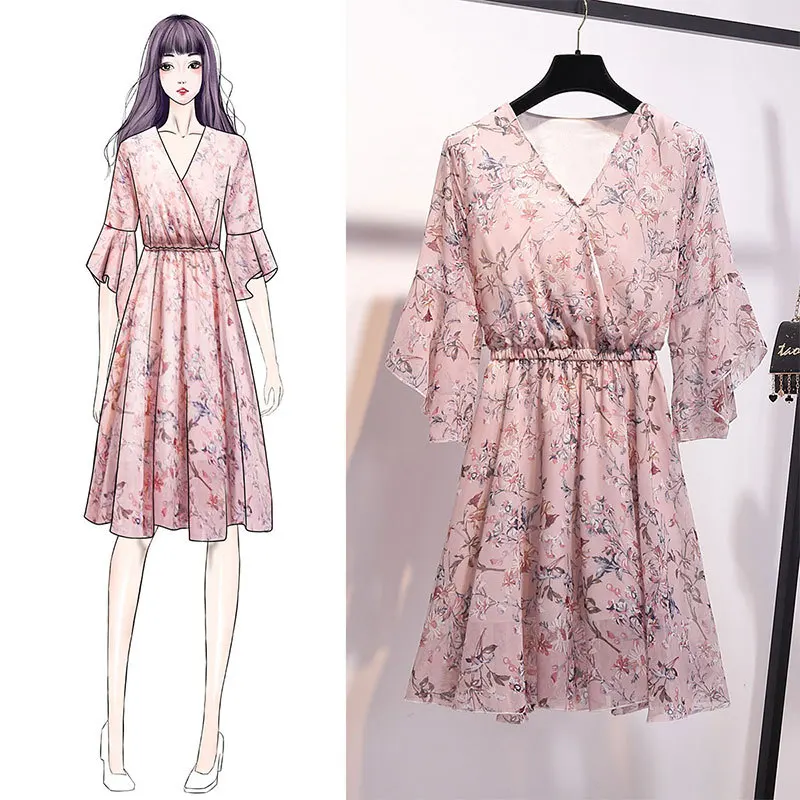 Женское шифоновое платье с цветочным принтом розовое короткое трапеция V