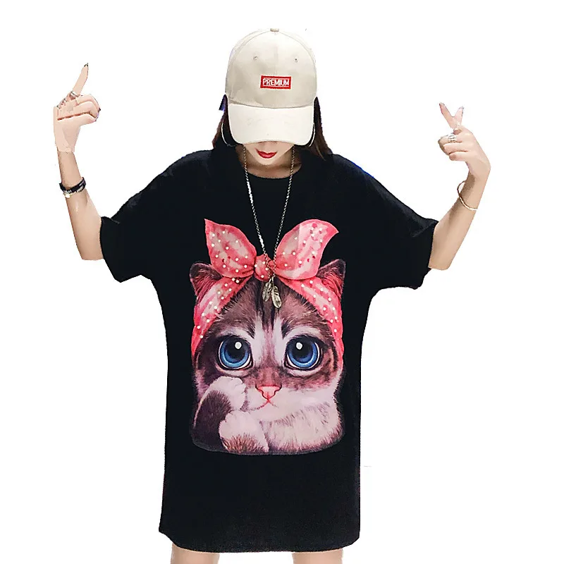 Women Loose Pearl Beading Short Sleeve Tee Shirt Funny T-shirt 3d Cat Print 2019 Plus Size T Fashion Casual Harajuku Tops | Женская